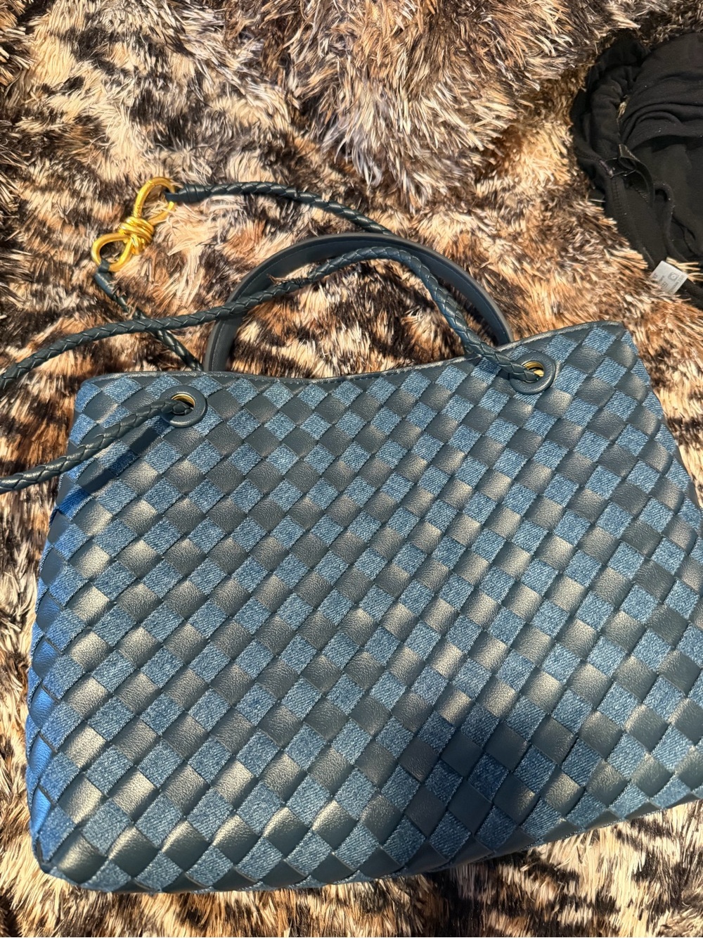 Woven Leather-Style Navy Tote Bag